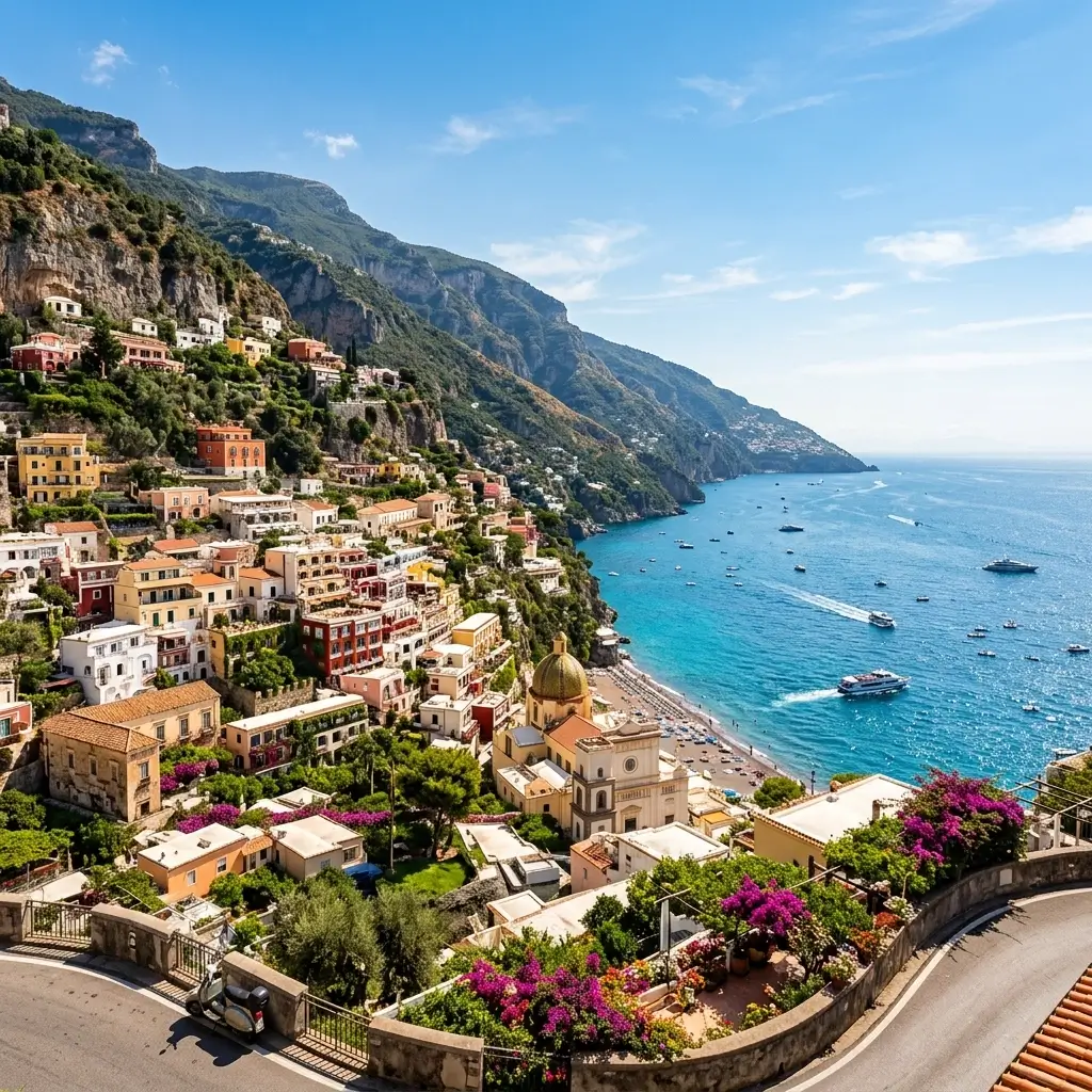 Colourful buildings on Amalfi Coast cliffs