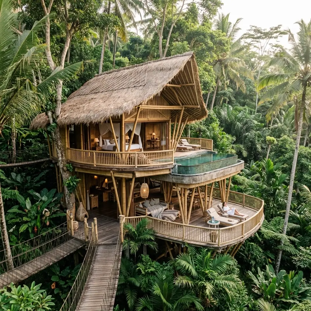 Lush luxury forest spa resort with infinity pool