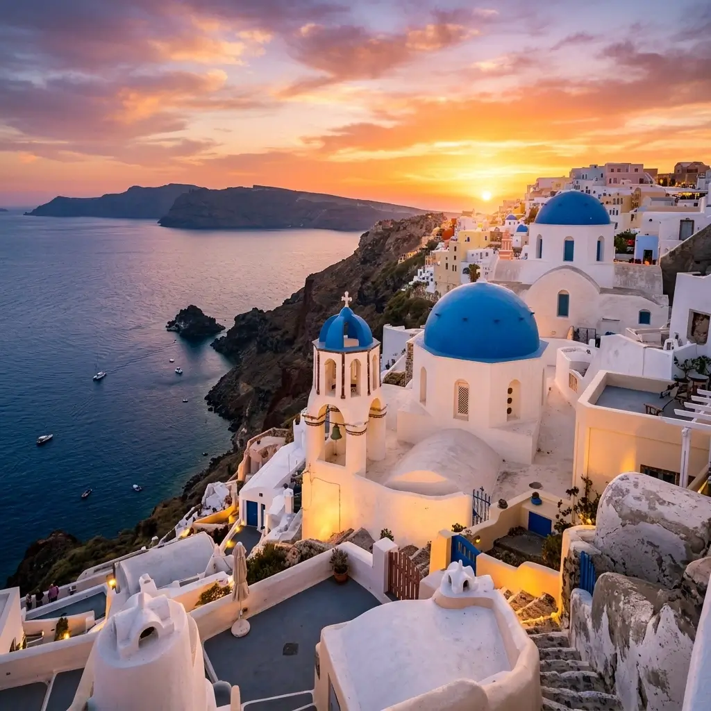 Sunset over white structures in Santorini