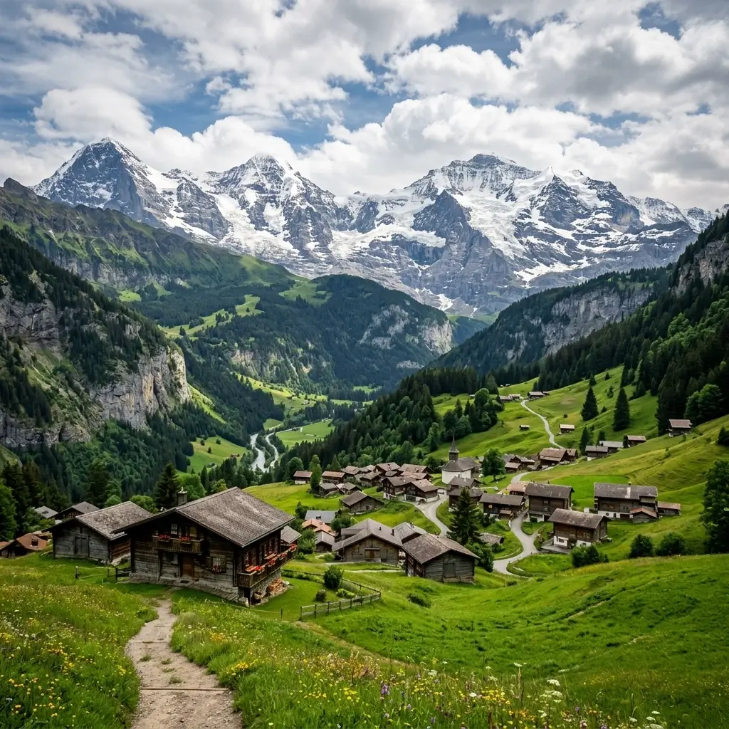 Snow capped mountains and valley in Swiss Alps